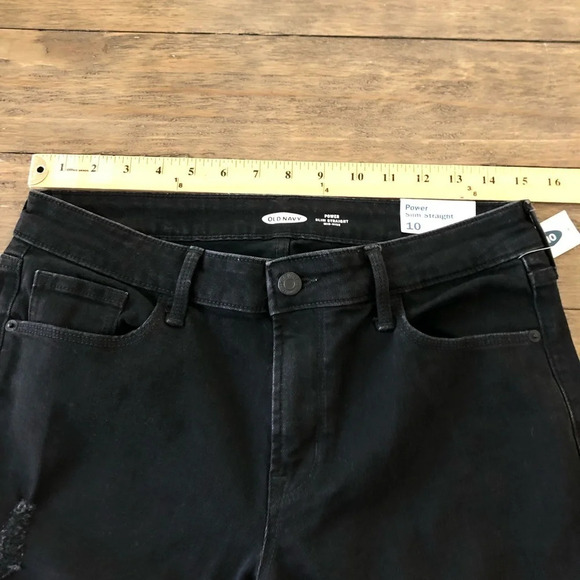 NWT Old Navy Size 10 Power Slim Straight Black Jeans Mid Rise Ripped Knees New - Picture 4 of 8